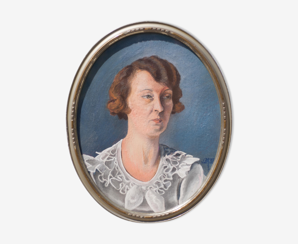 Portrait femme peint signé dans cadre oval, cadre mural, cadre bois et stuc peint, cadre vintage