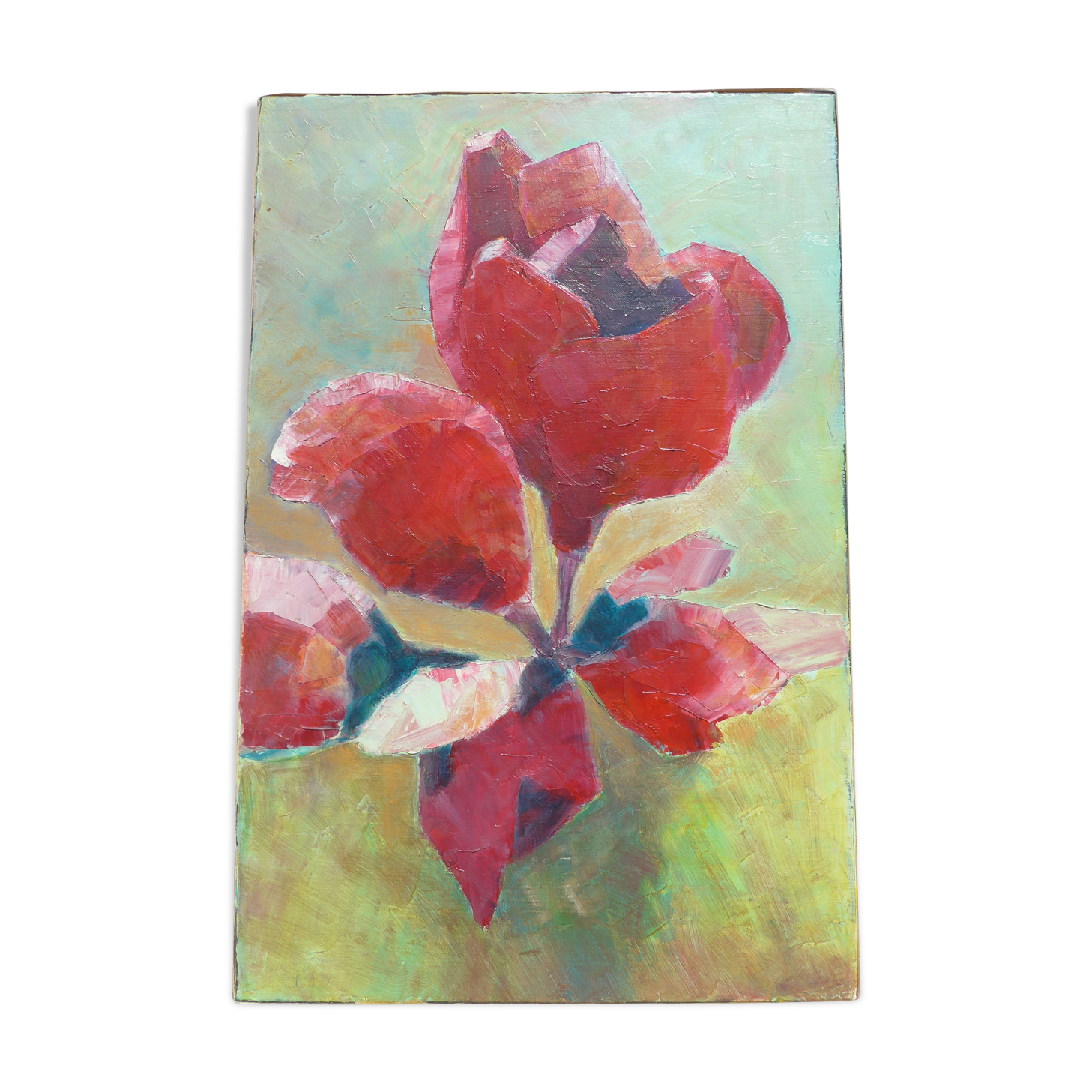Ancient canvas red flower and fuchsia not signed