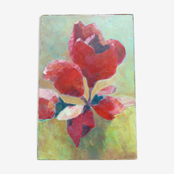 Ancient canvas red flower and fuchsia not signed