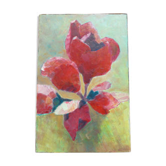 Ancient canvas red flower and fuchsia not signed