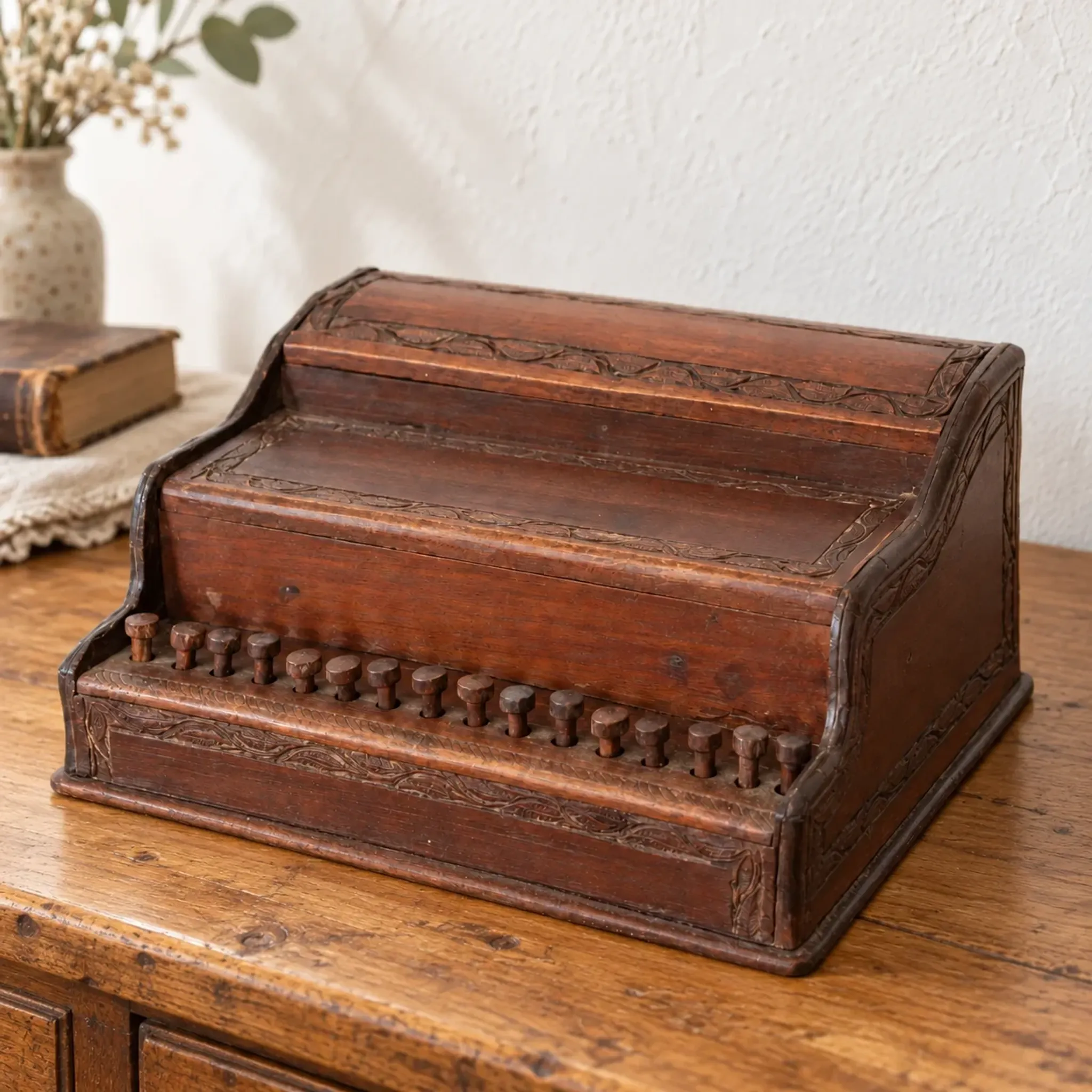 Antique carved wooden cigarette box – Functional push-button dispenser