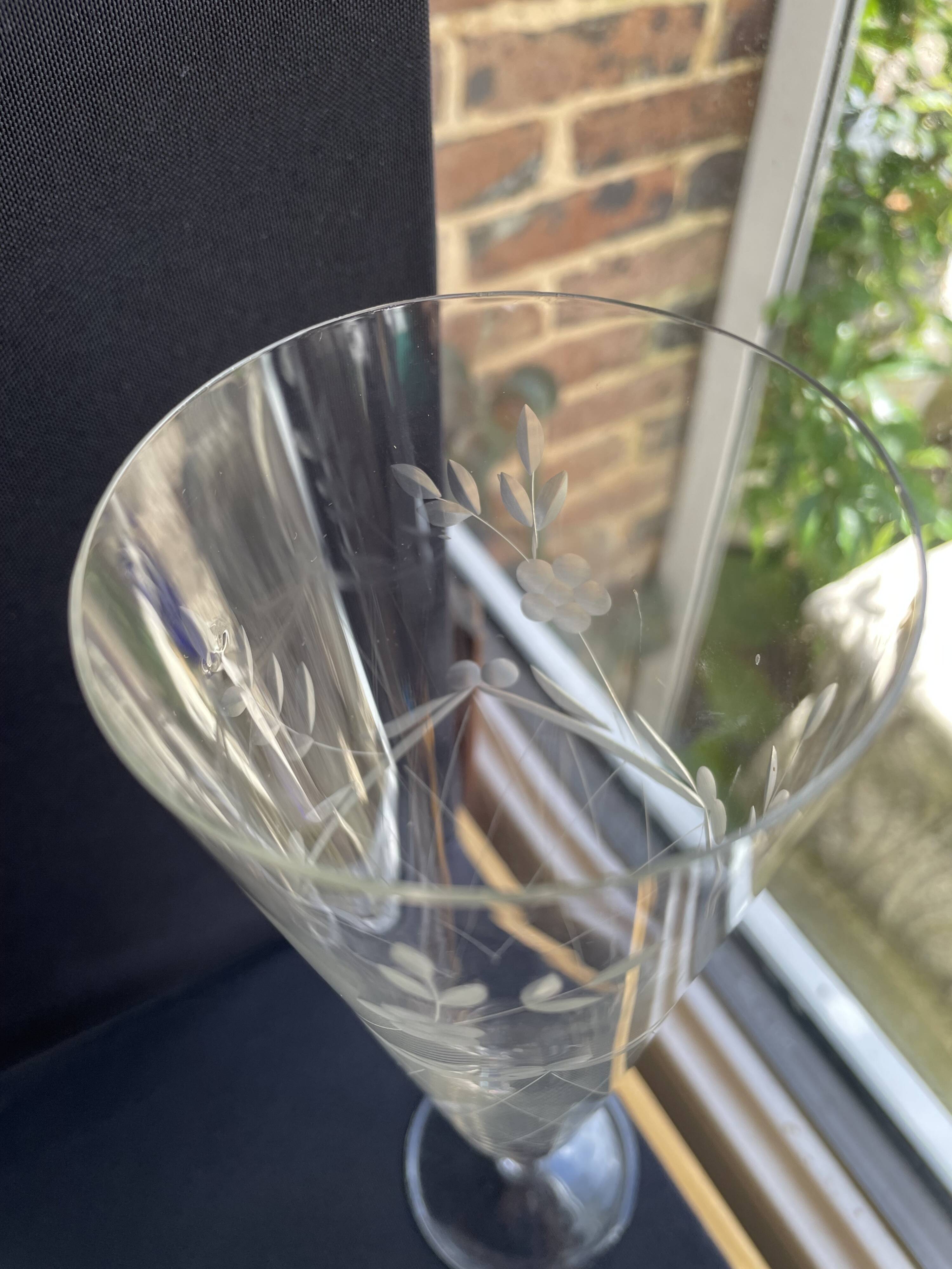 3332 – 4 Large Champagne Flutes – Vintage Cut Crystal, unstamped, these 4 large flutes