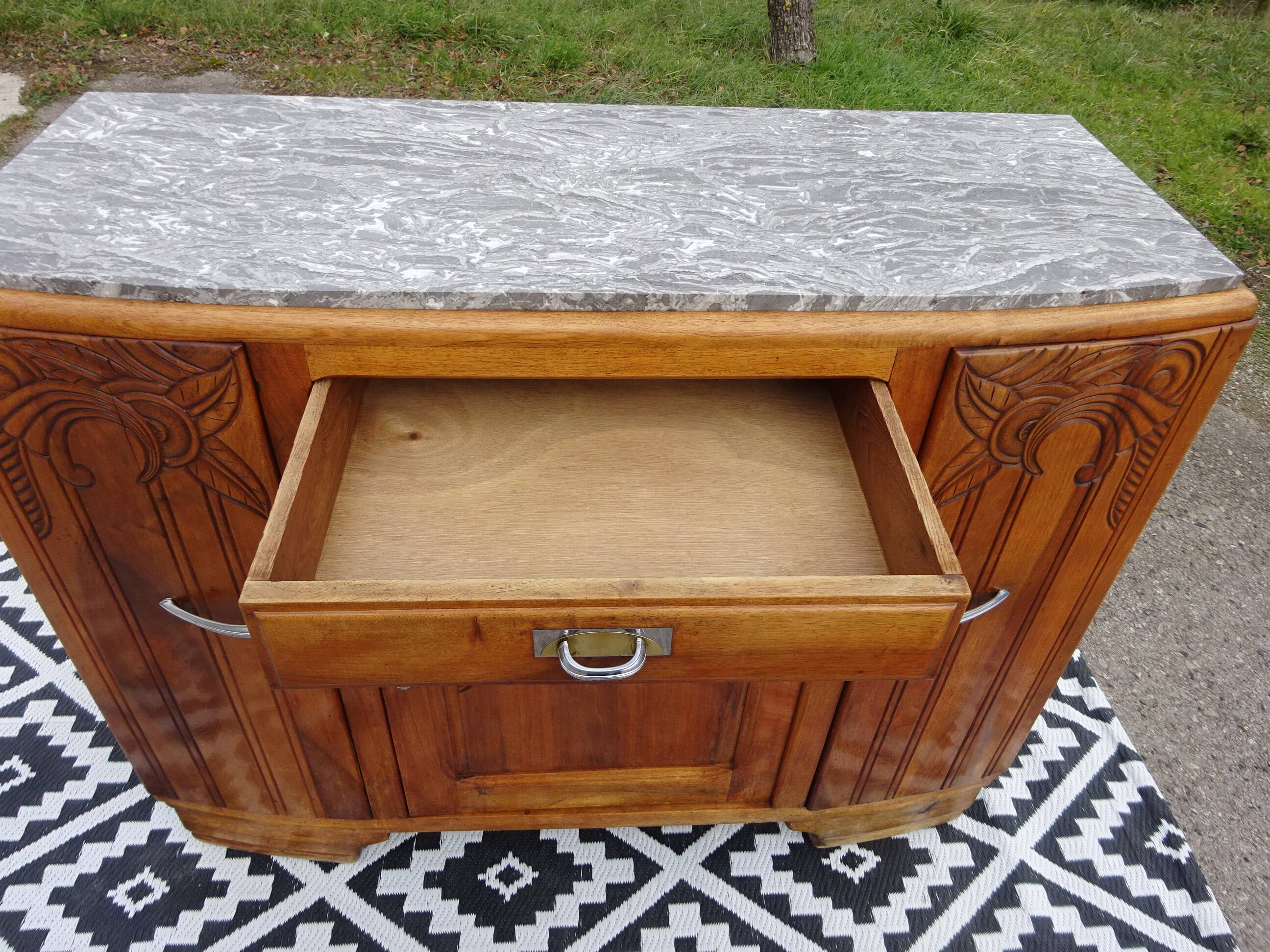 Narrow sideboard, art deco in light walnut, gray marble top