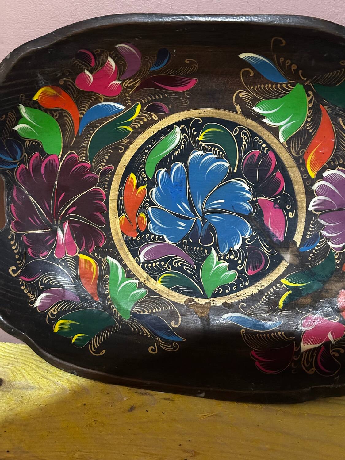 Mid-century hand-painted floral decorative tray / catchall 49 cm / 33 cm