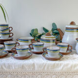 Vintage 1950s speckled stoneware coffee set with grey, green, and blue stripes