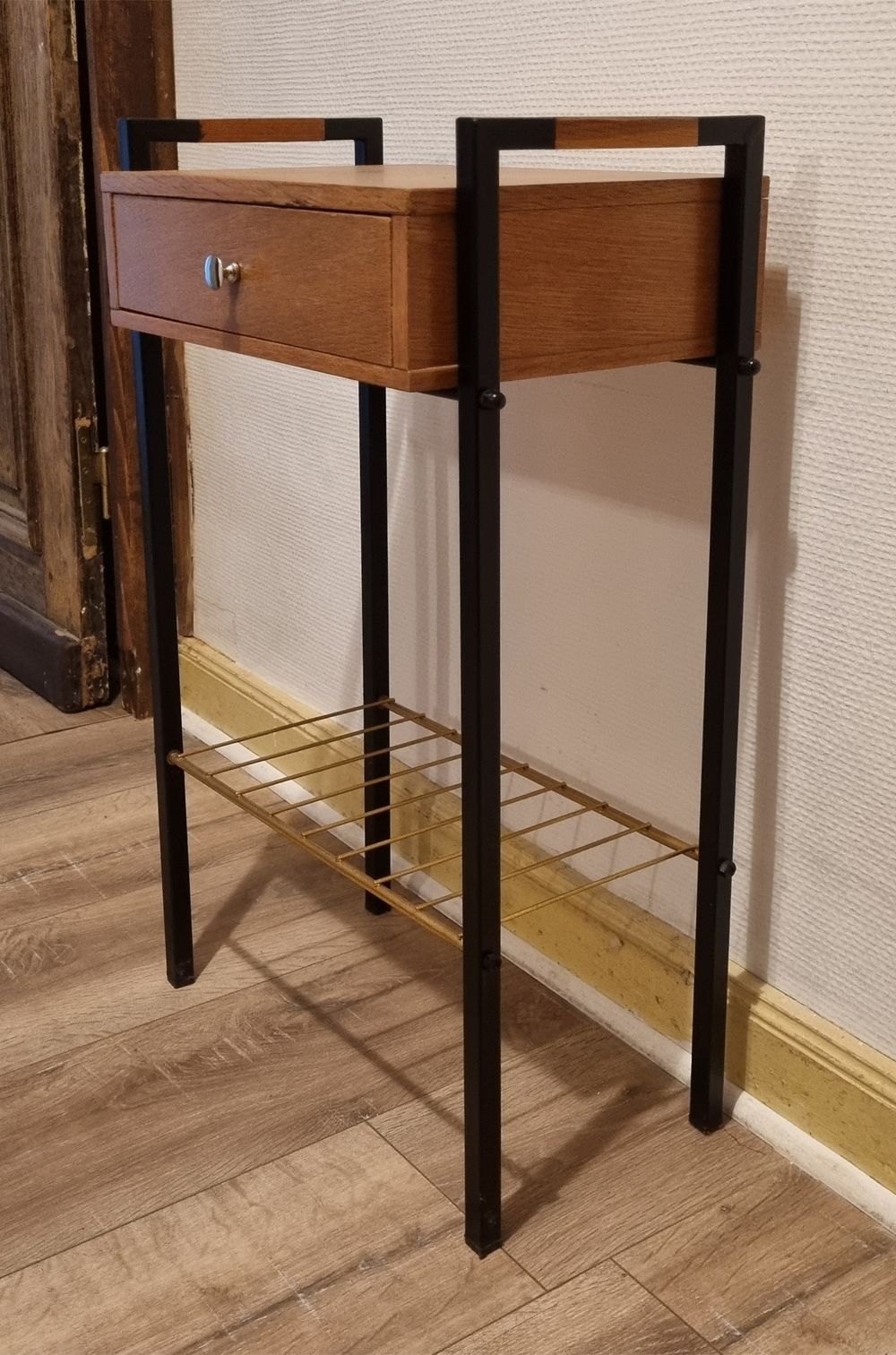 Bedside table, wood and metal, vintage, 60s