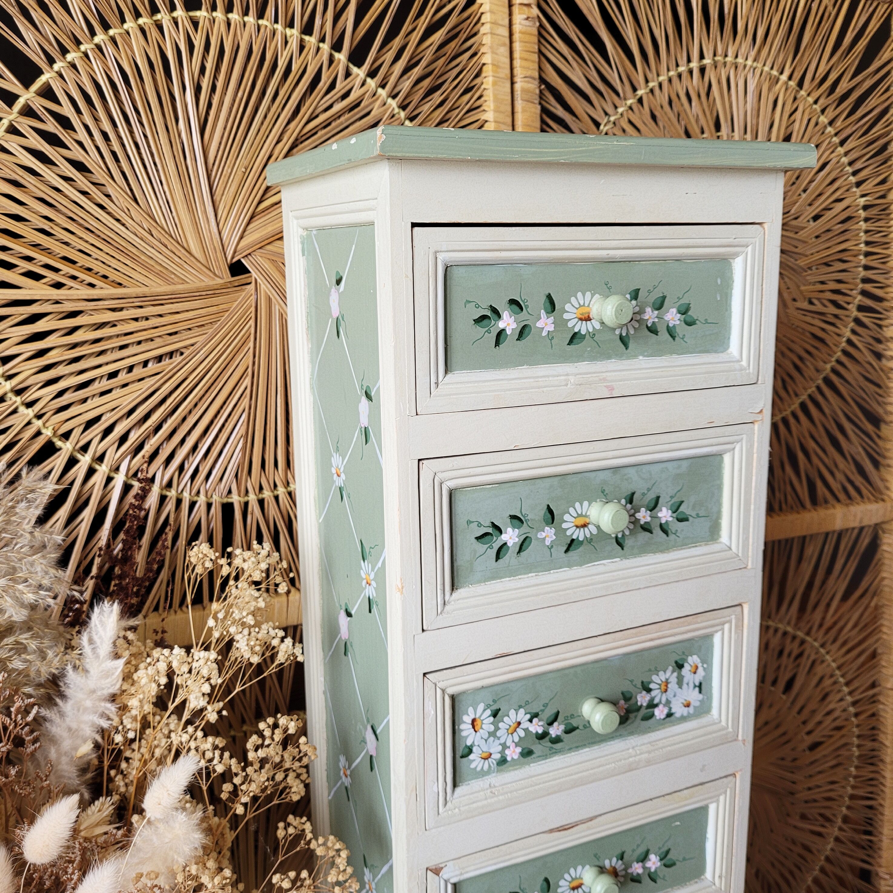 Old wooden furniture painted floral pattern with drawers