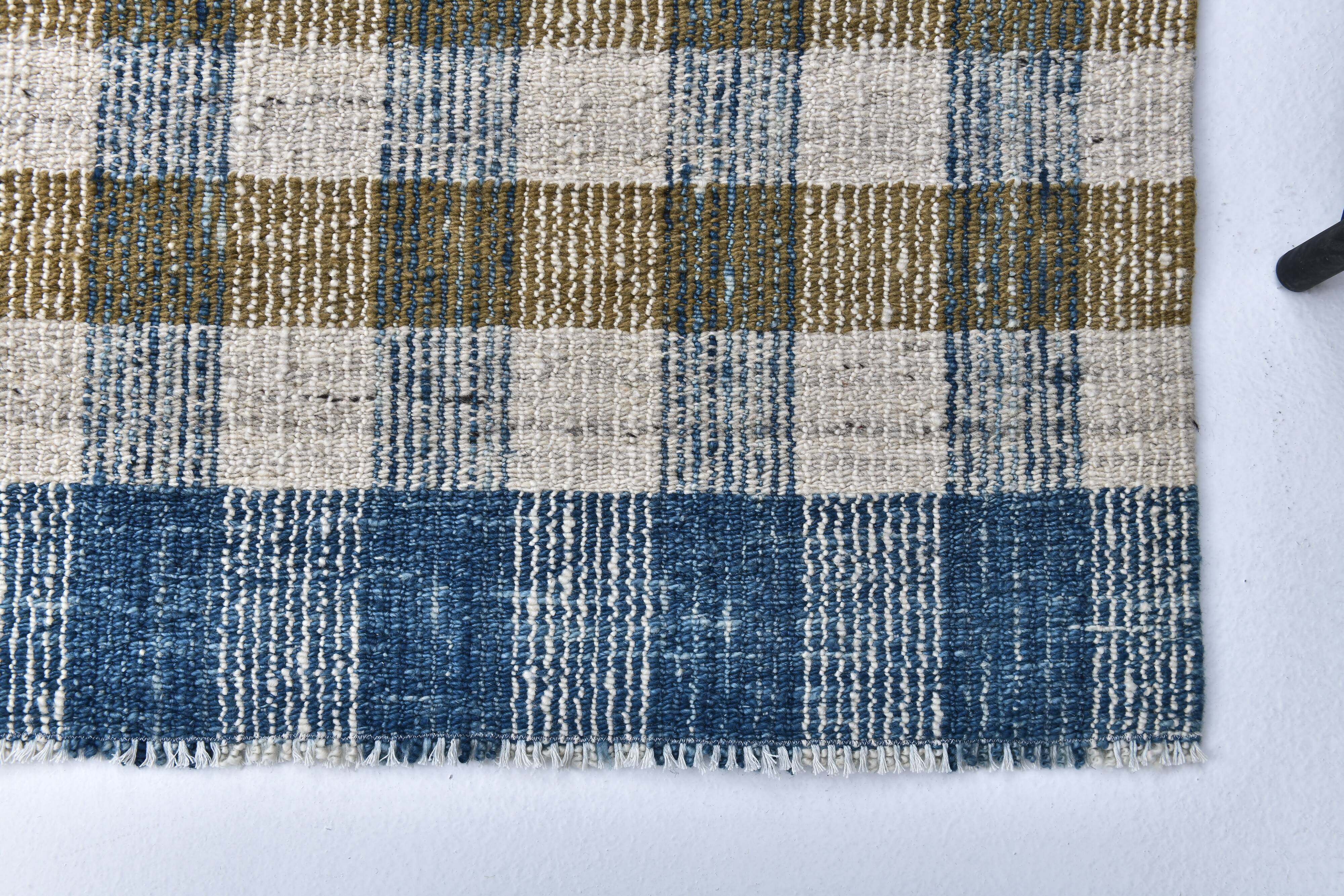 scandinavian kilim 290x190 cm , blue beige and  mustard colour.