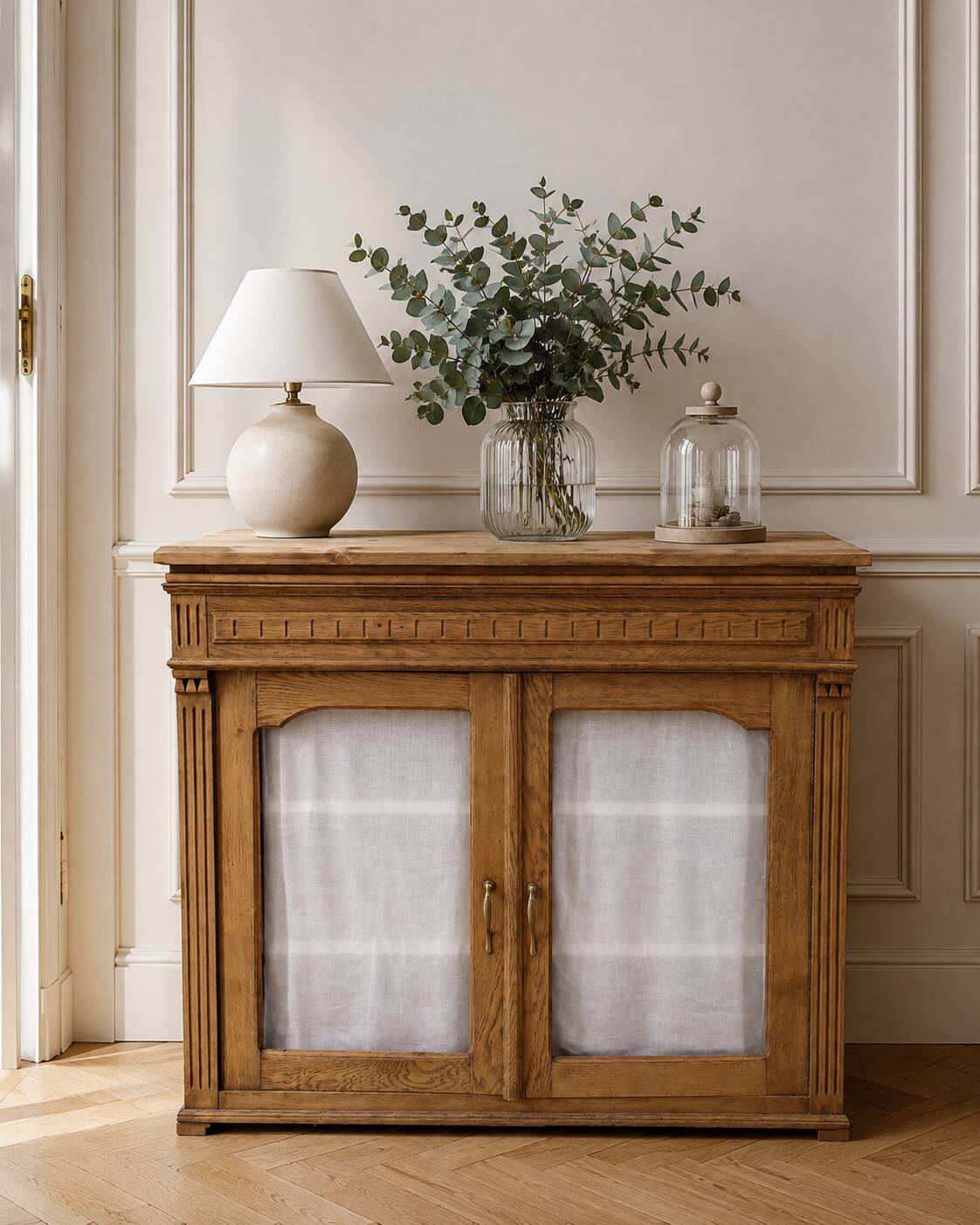 Antique wooden sideboard, fabric doors and pearl grey shelves.