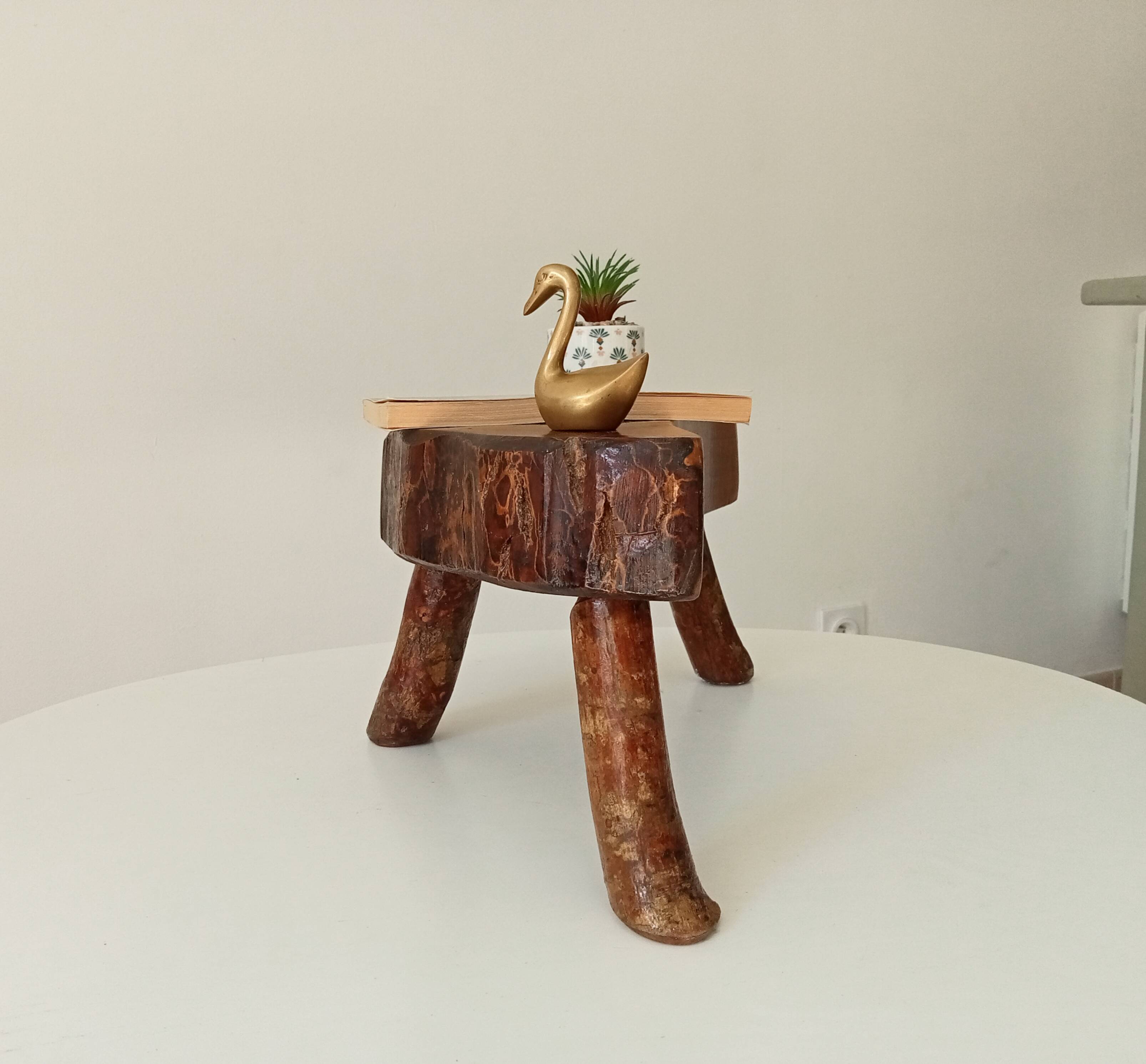 Vintage brutalist tripod stool in solid olive wood