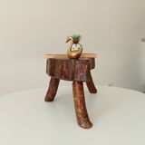 Vintage brutalist tripod stool in solid olive wood