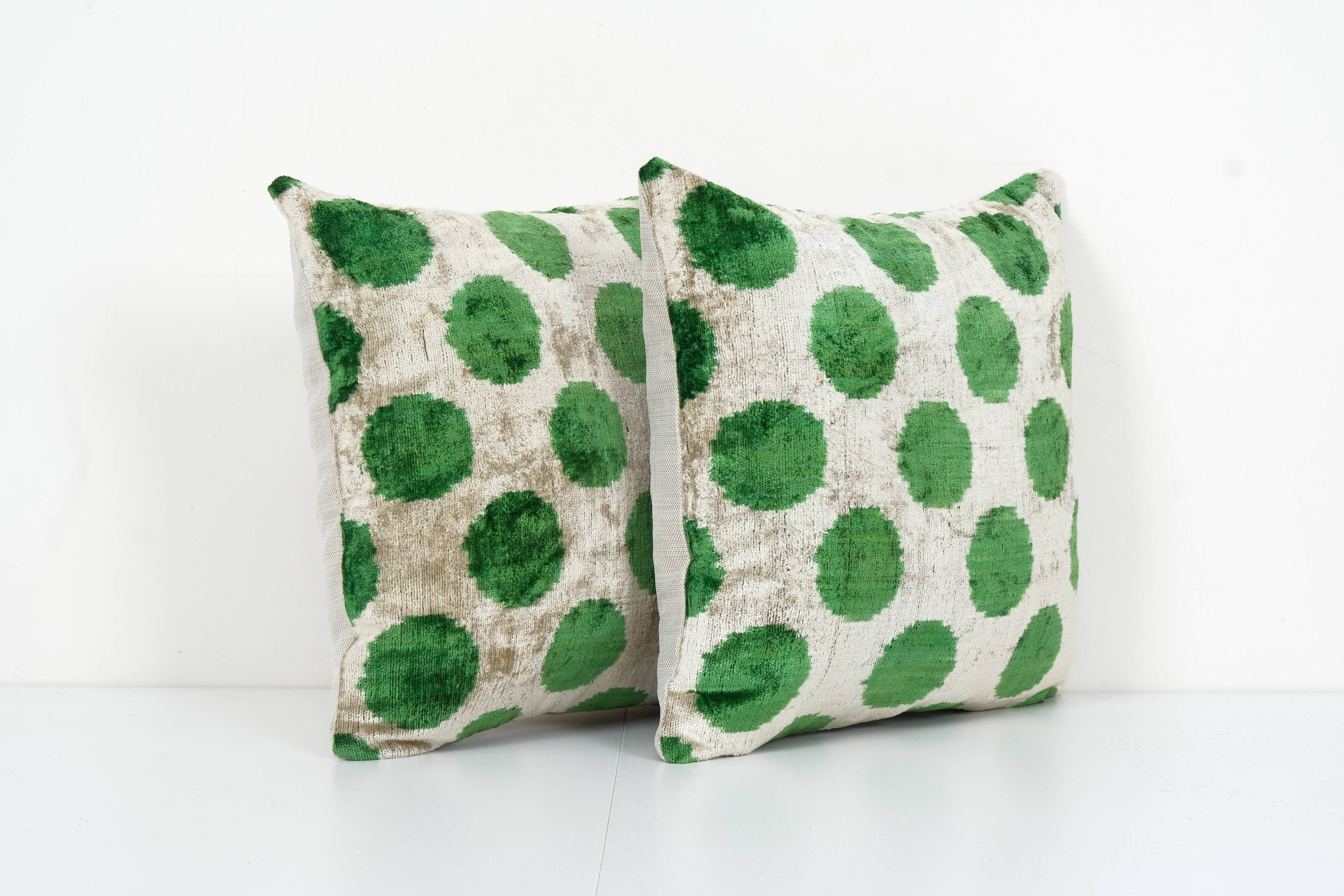 Decorative Pillows Covers, Set of Two Soft Velvet Silk Pillow, Pair Green İkat Velvet Pillow Cover
