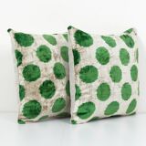 Decorative Pillows Covers, Set of Two Soft Velvet Silk Pillow, Pair Green İkat Velvet Pillow Cover