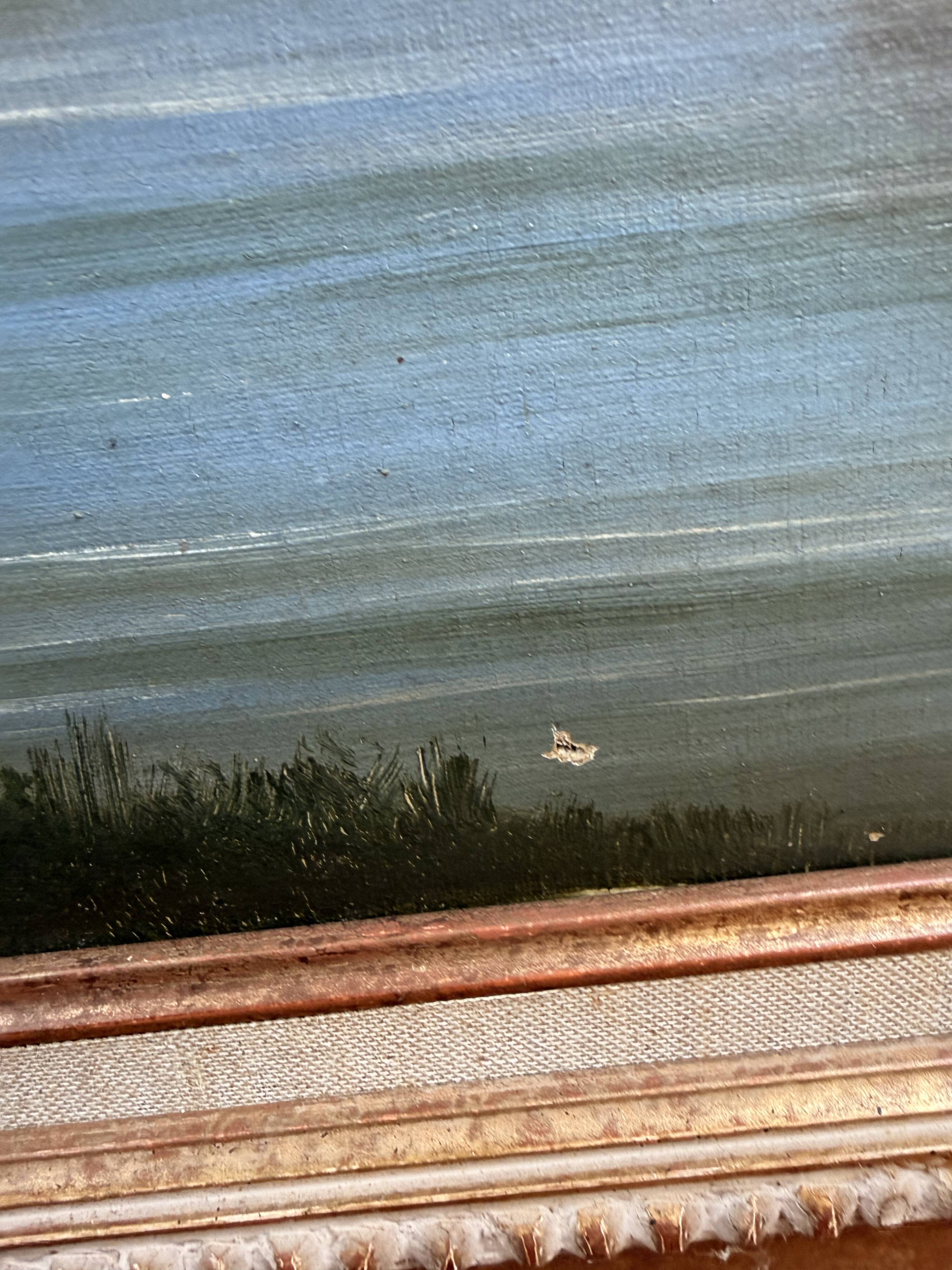 Oil on canvas landscape by the river – antique gilded frame