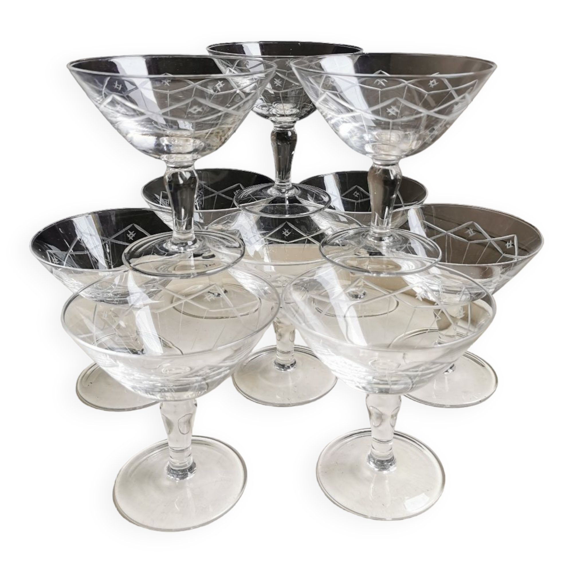 10 vintage hand-engraved champagne glasses