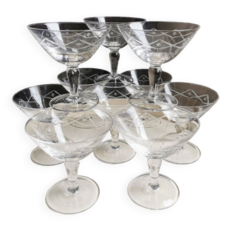 10 vintage hand-engraved champagne glasses