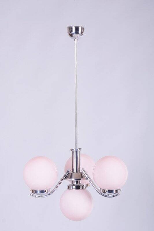 Art Deco Chandelier in Chrome-Plated Steel and Opal Glass, Czech, 1920s