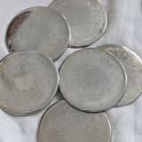 6 vintage chiseled silver metal coasters