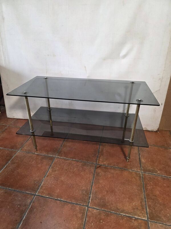 Table basse verre fumé et laiton des années 70