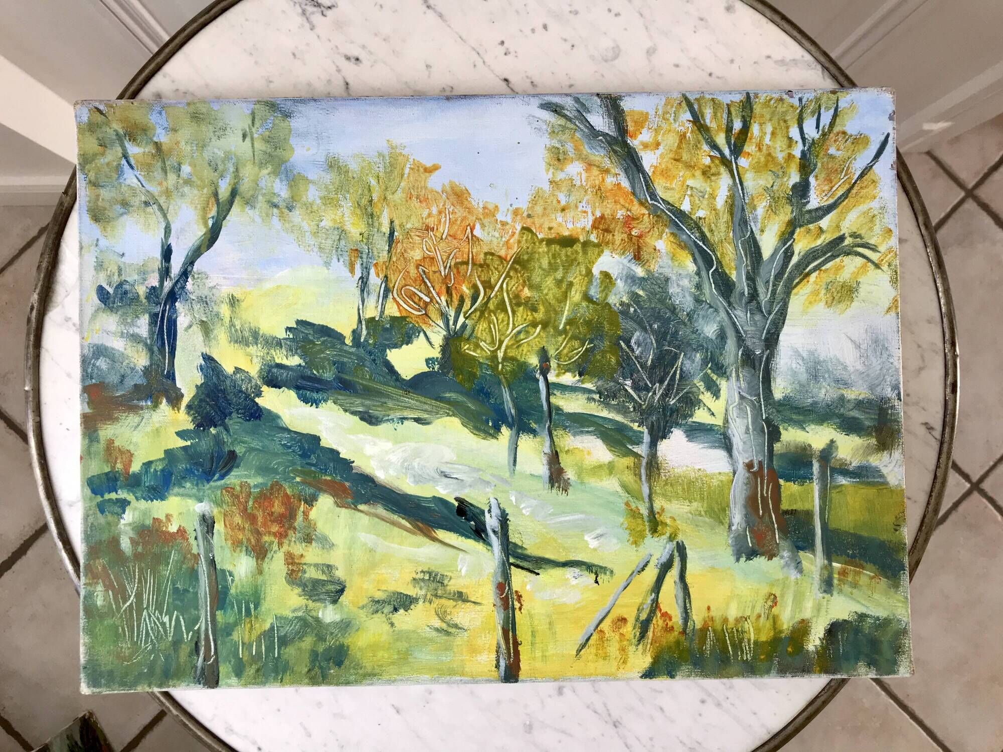 Painting oil on canvas landscape fields and vintage forest