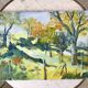 Painting oil on canvas landscape fields and vintage forest