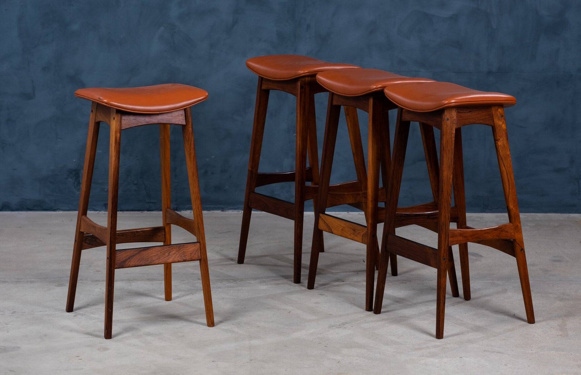 Mid-Century Bar Stools in Rosewood and Leather by Erik Buch for Dyrlund, Set of 4