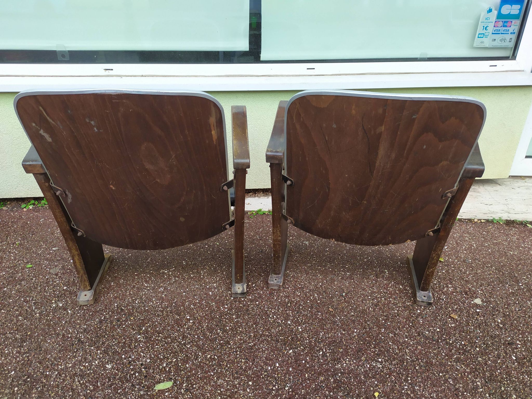 Pair of vintage antique wooden cinema chair s