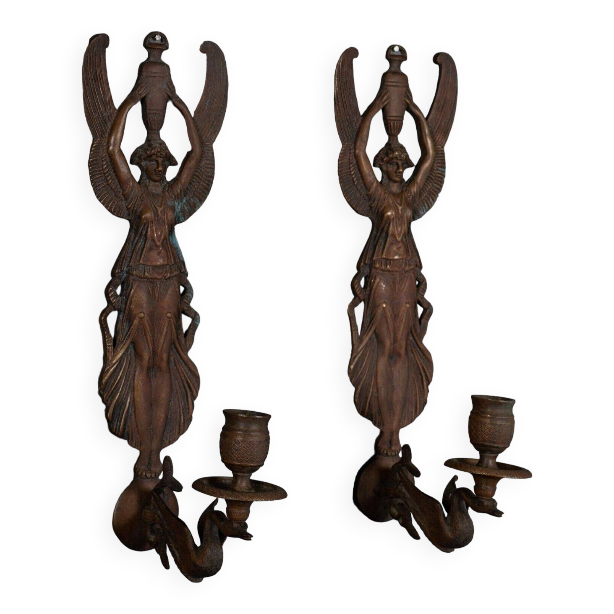 Pair of Empire period bronze sconces decorated with a winged woman