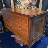 Grande commode Louis XVI 3 tiroirs décor marqueté scène Antique fin XVIIIe