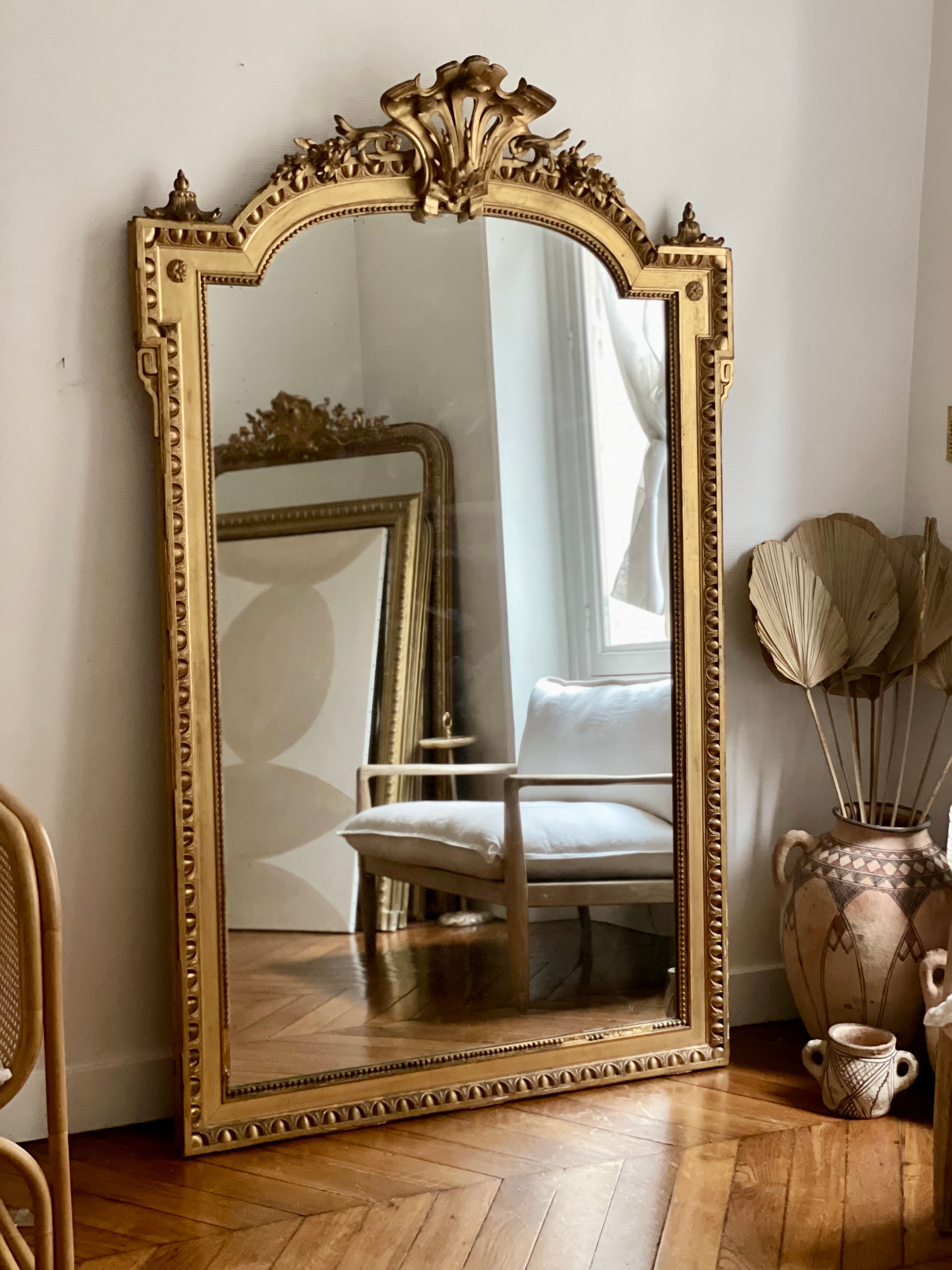 Antique napoleon mirror lll gilded pediment with rare gold leaf 103x182cm