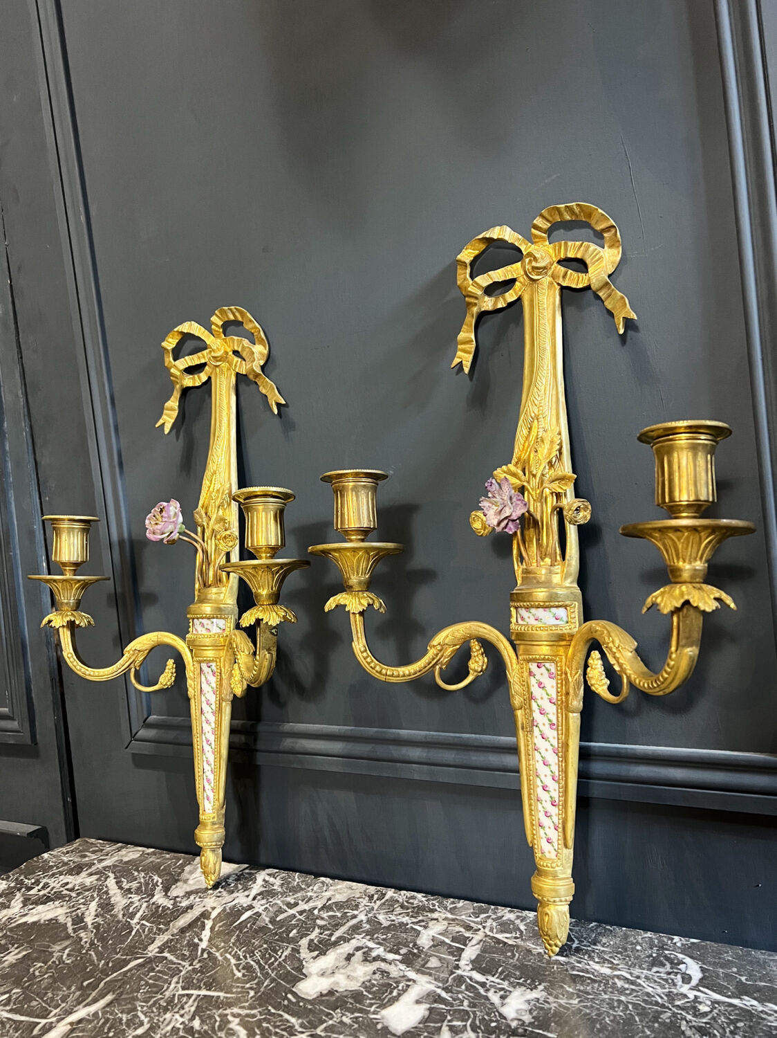 Pair of nineteenth century sconces in bronze and porcelain
