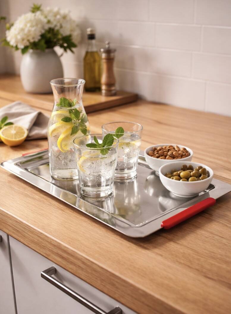 Grand plateau design en inox signé morinox, typique du style des année
