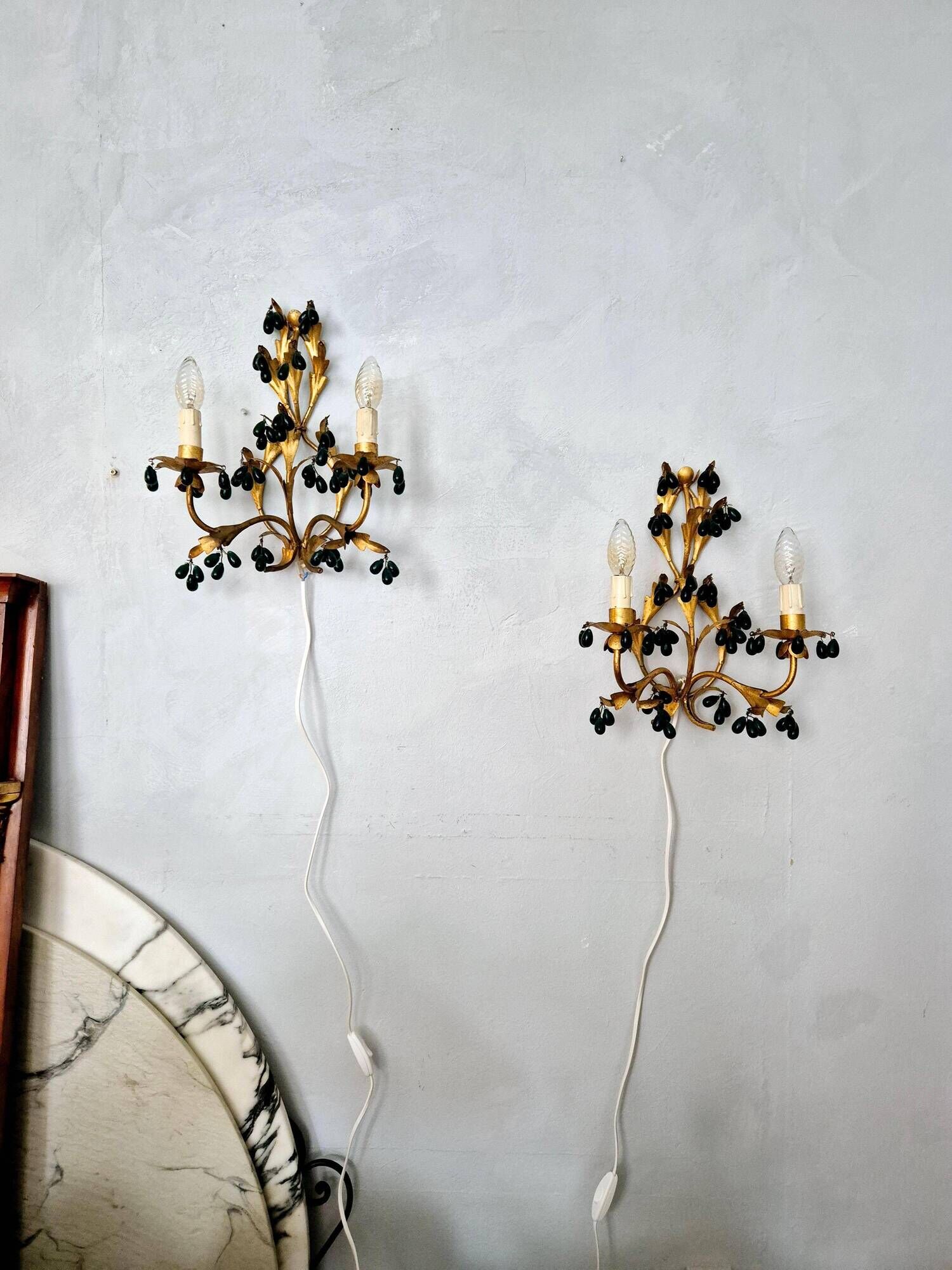Lights, gold metal with green glass drops, Italy mid-1900s Regency.