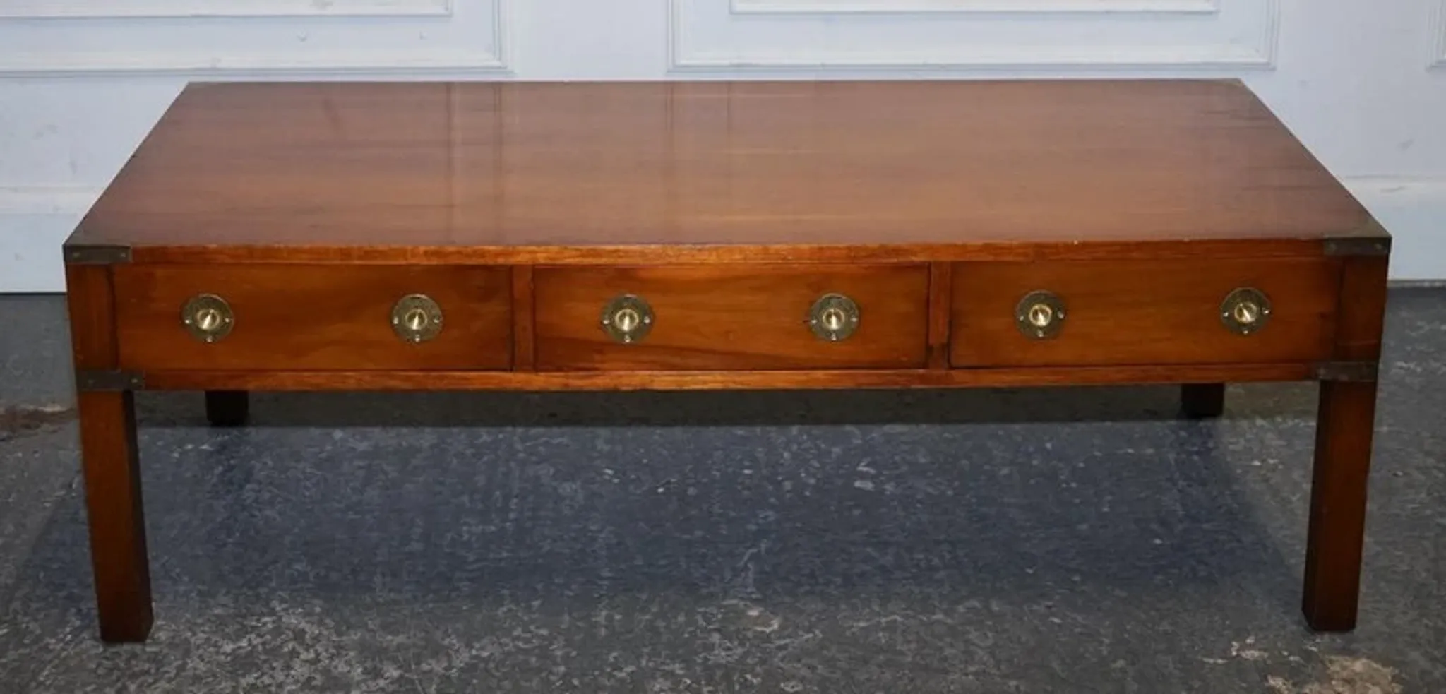 Vintage Military Campaign Coffee Table in Yew Wood and Brass