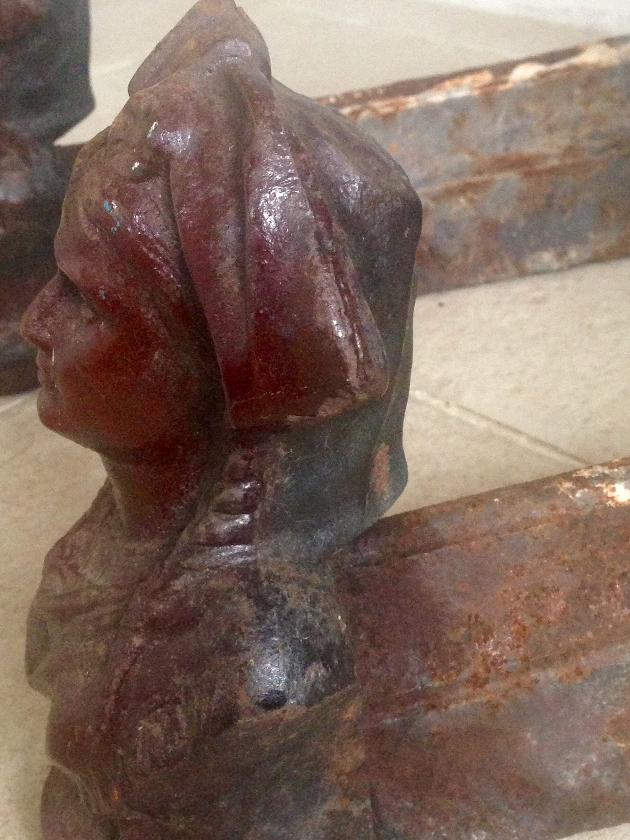 Pair of old andirons, Alsatian busts