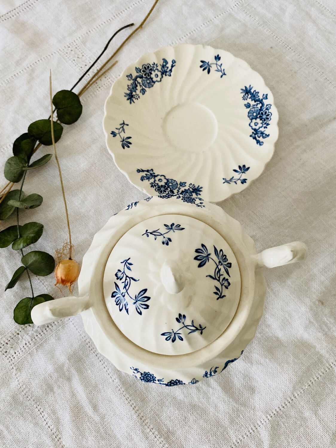 Old English porcelain sugar bowl Myott Staffordshire blue exotic birds decor