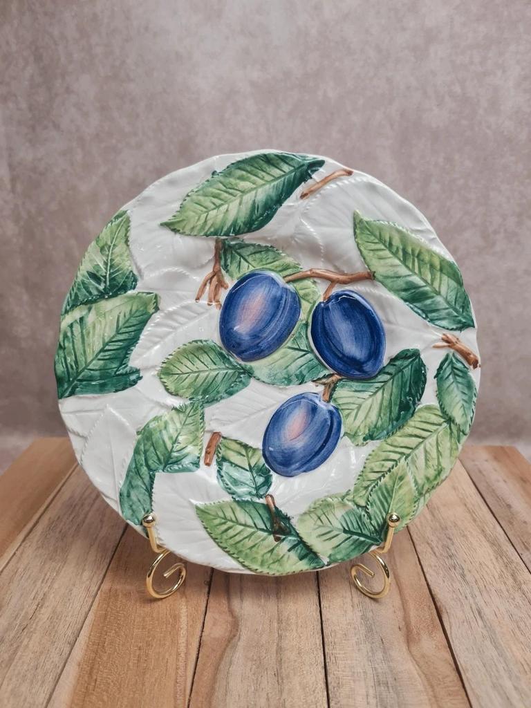 Vintage barbotine plate, plum decoration – relief foliage