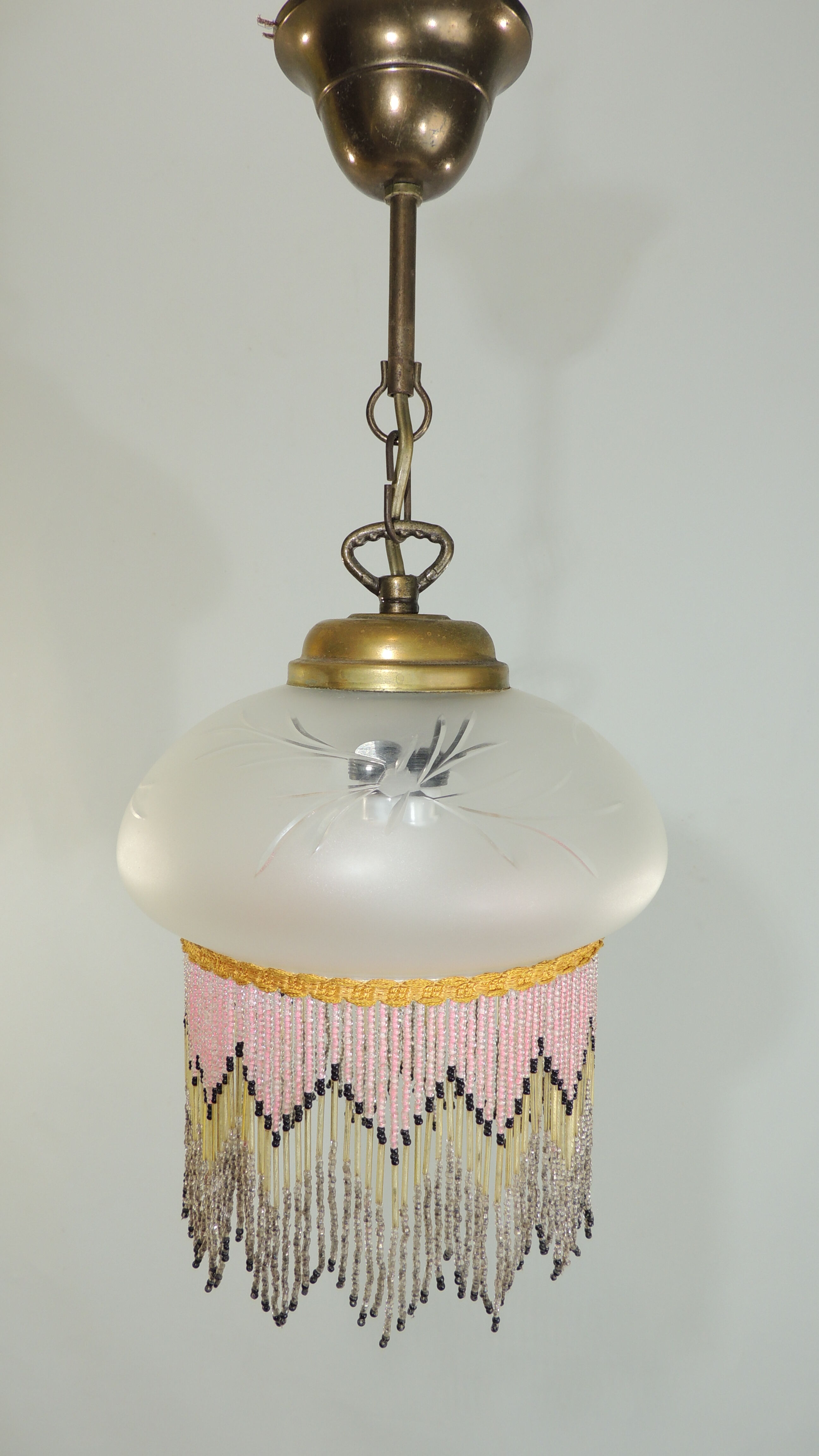 Charleston pendant lamp / engraved and frosted glass and glass bead fringe / vintage