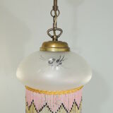 Charleston pendant lamp / engraved and frosted glass and glass bead fringe / vintage