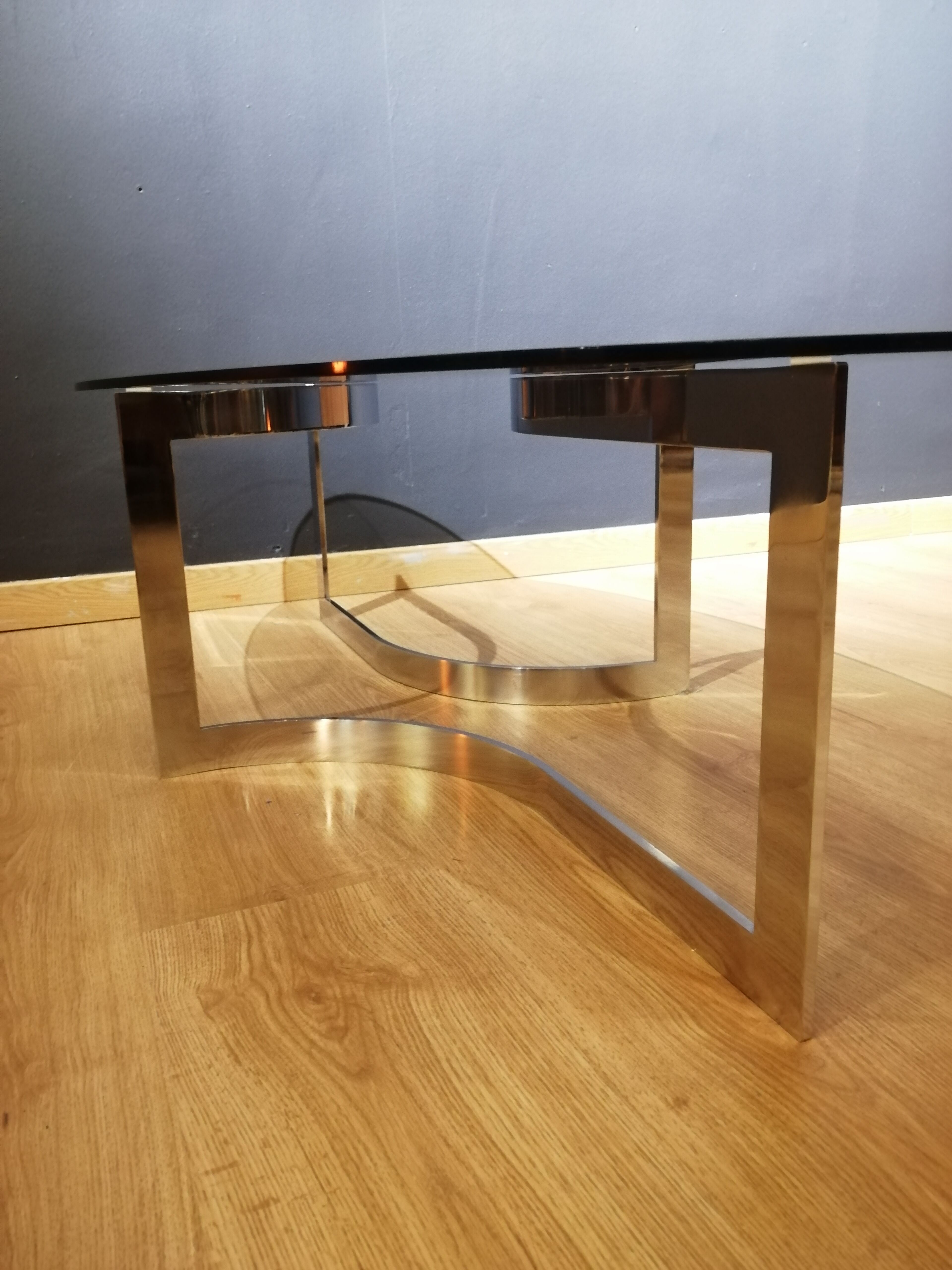 Coffee table in smoked glass and chrome by designer Paul Legeard, 70s