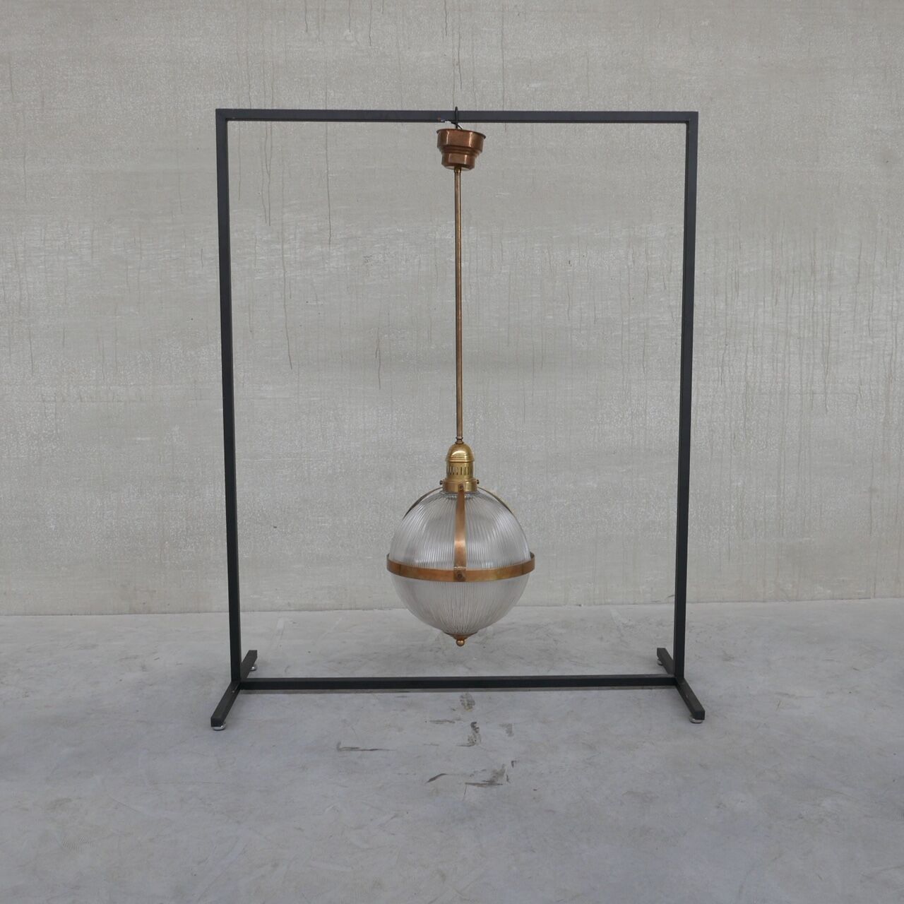 Brass and Glass Holophane Style Mid-Century Pendant Light