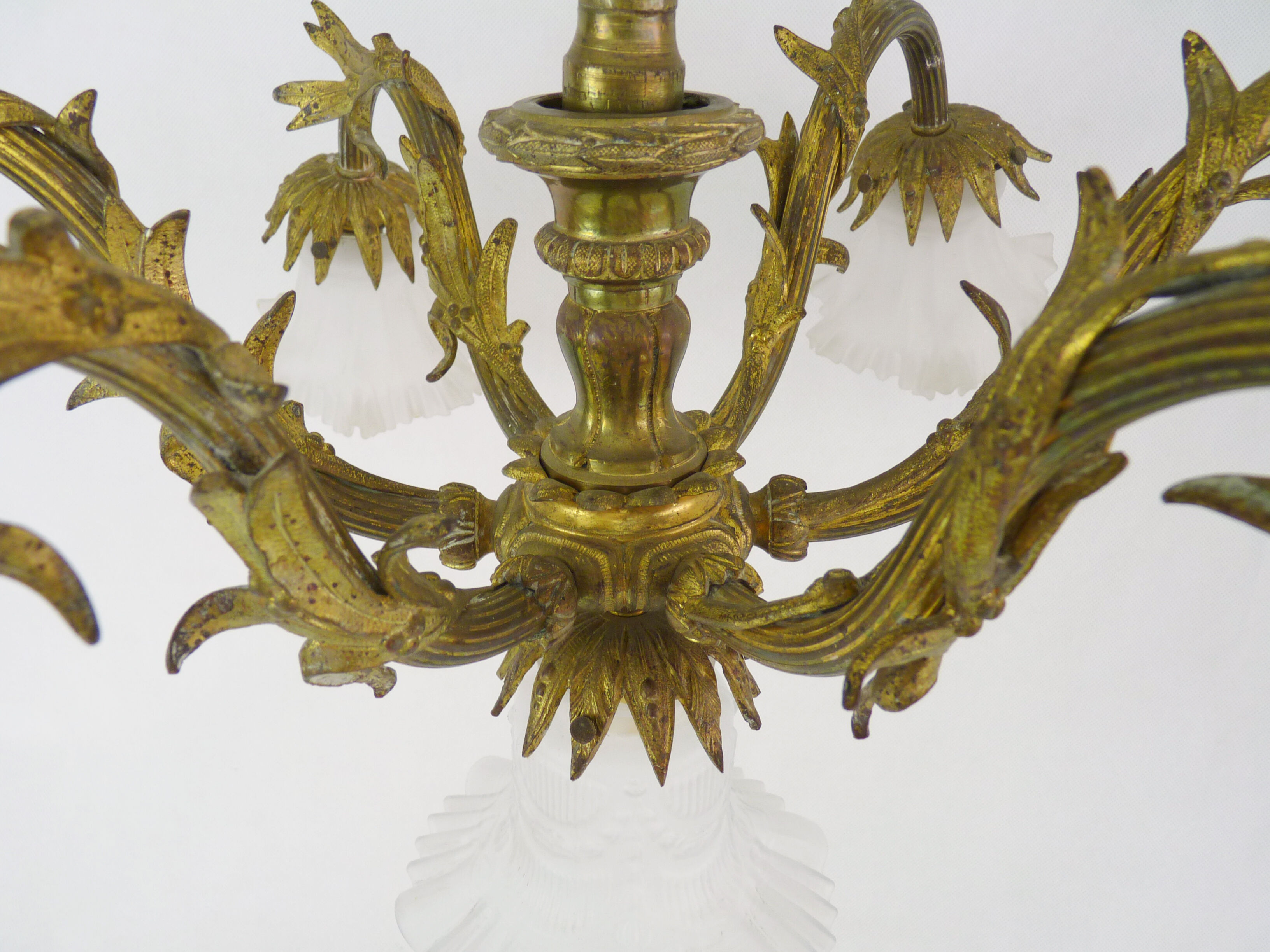 Old bronze chandelier with glass tulips with 7 fires. Nineteenth chandelier