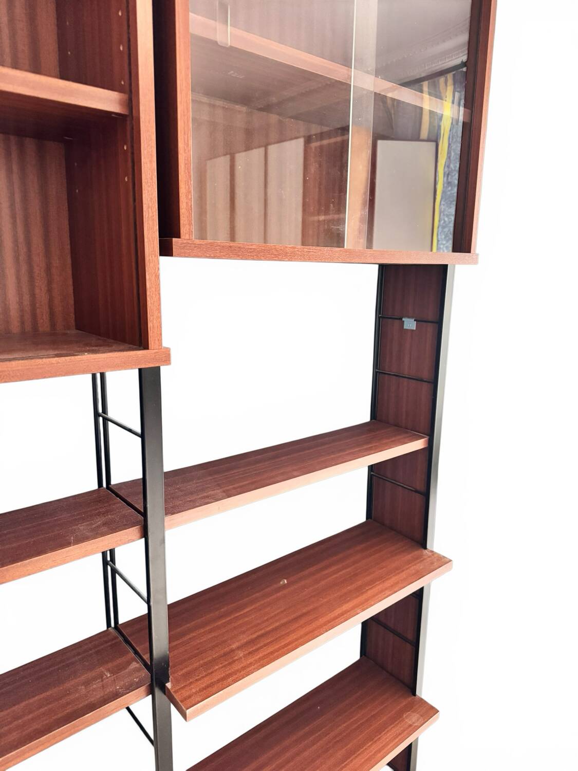 Scandinavian modular library shelves - lacquered mahogany metal 1970
