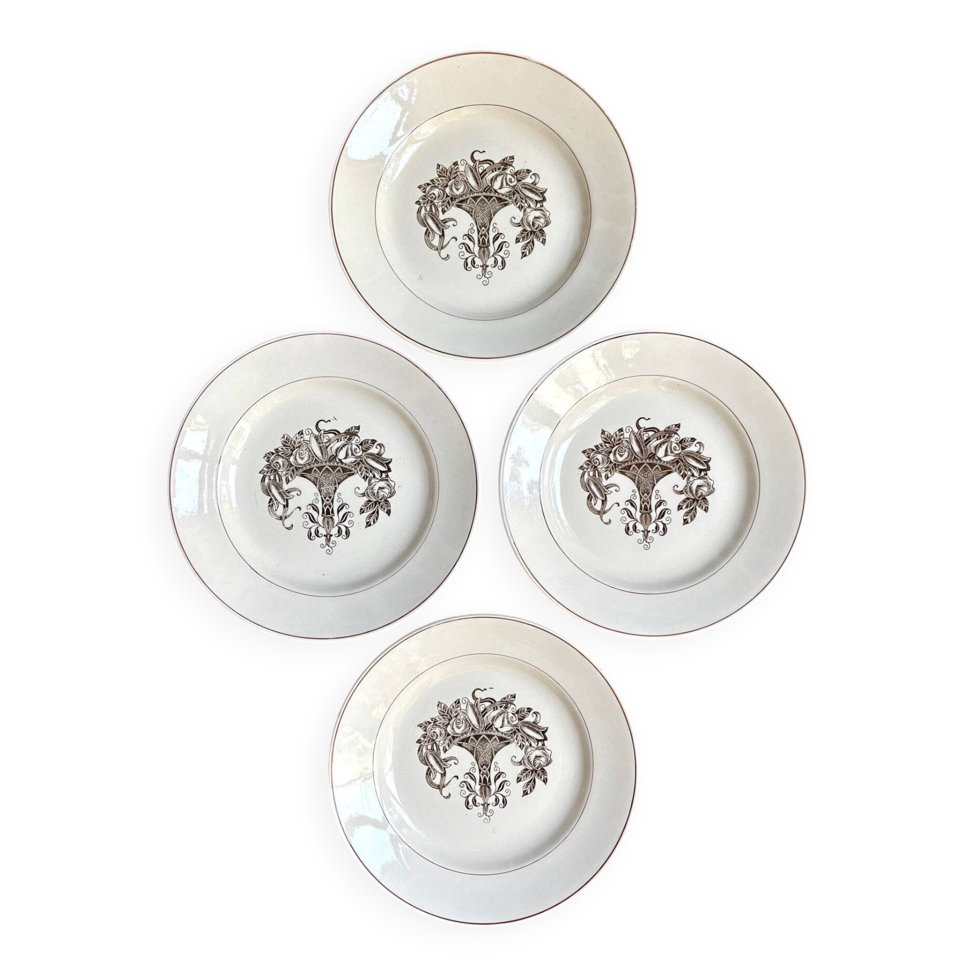 4 Longchamp brown earthenware dinner plates, "Tarente" service