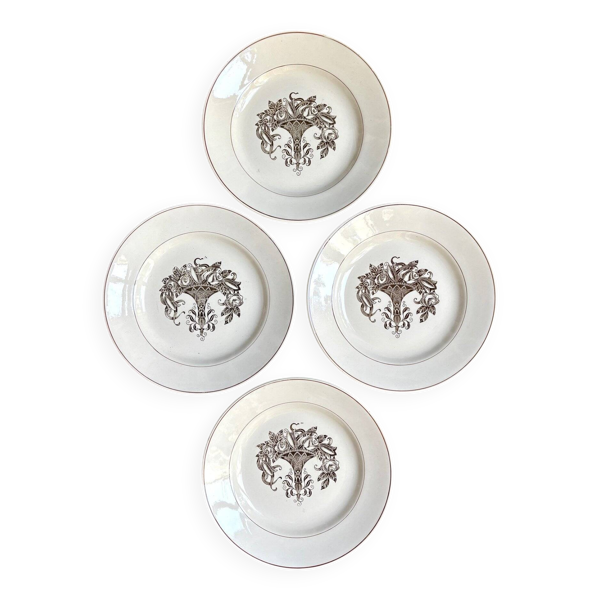 4 assiettes plates Longchamp en faïence marron, service ''Tarente
