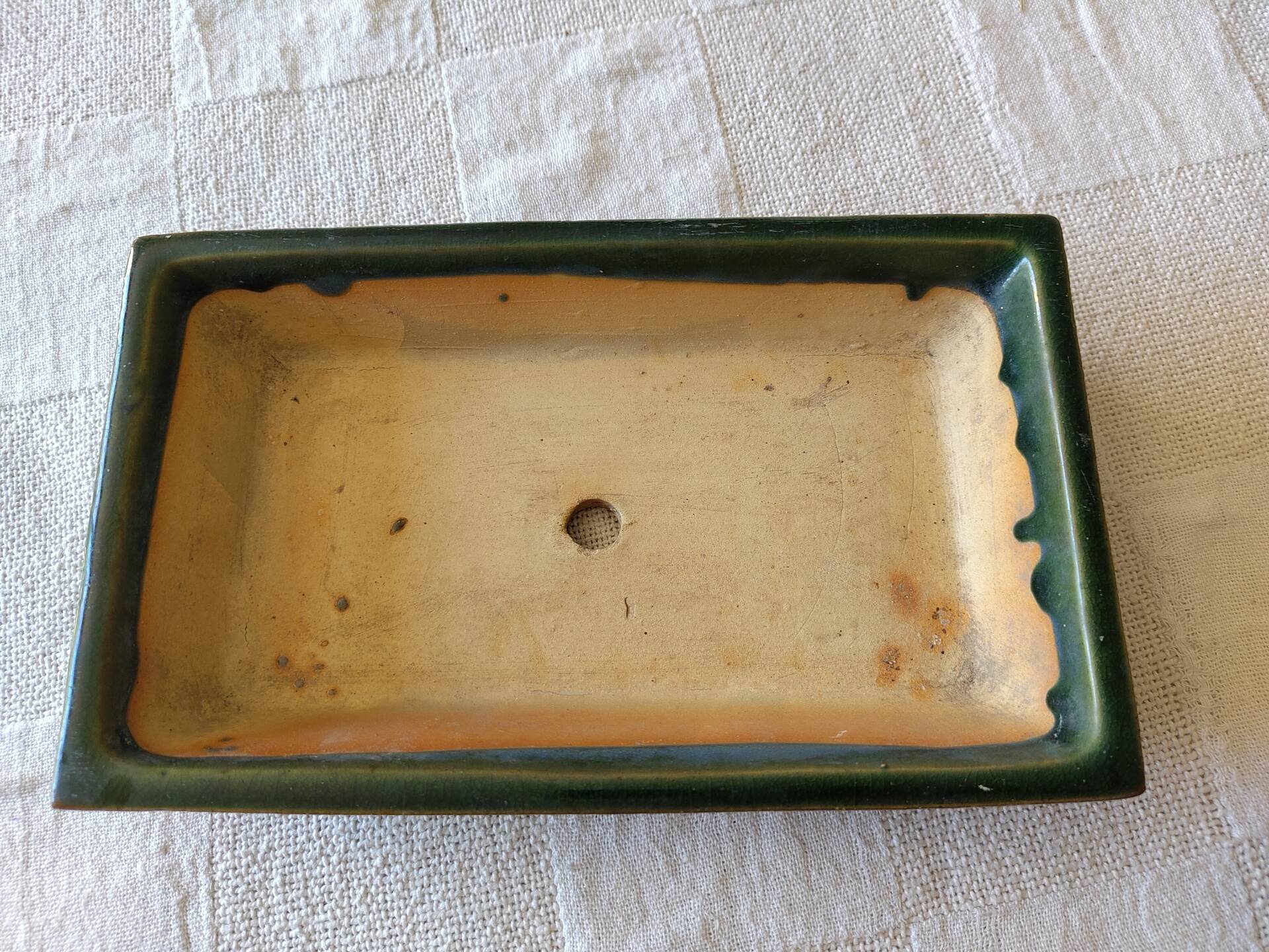 Rectangular glazed green ceramic bonsai pot