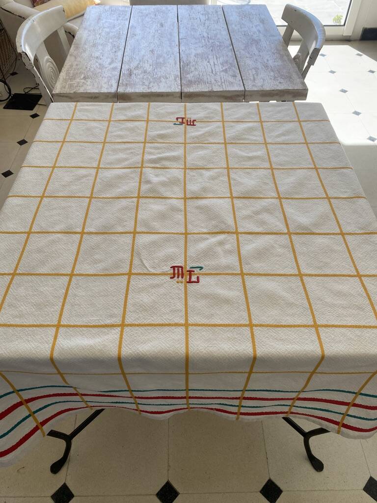 Vintage Jacquard tablecloth in Basque style, monogrammed ML - Mixed fabric - 130x145cm