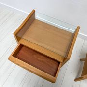 1960s vintage pair of mid-century walnut nightstands with glass shelves