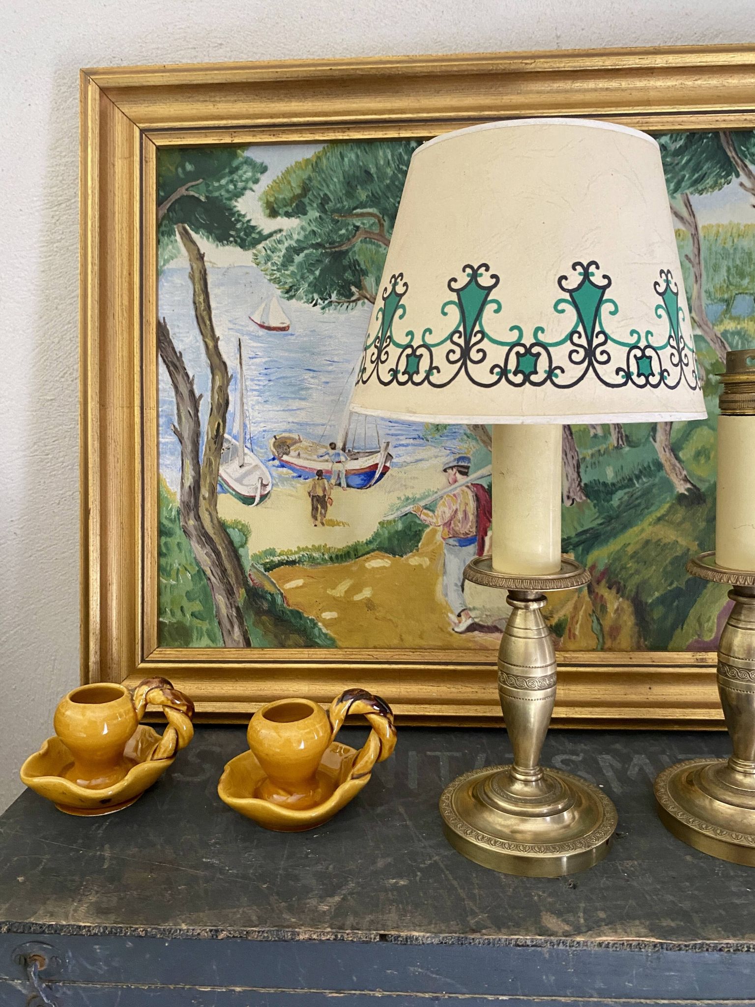 Pair of brass lamps, new 2M fabric cables, paper lampshades