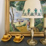 Pair of brass lamps, new 2M fabric cables, paper lampshades